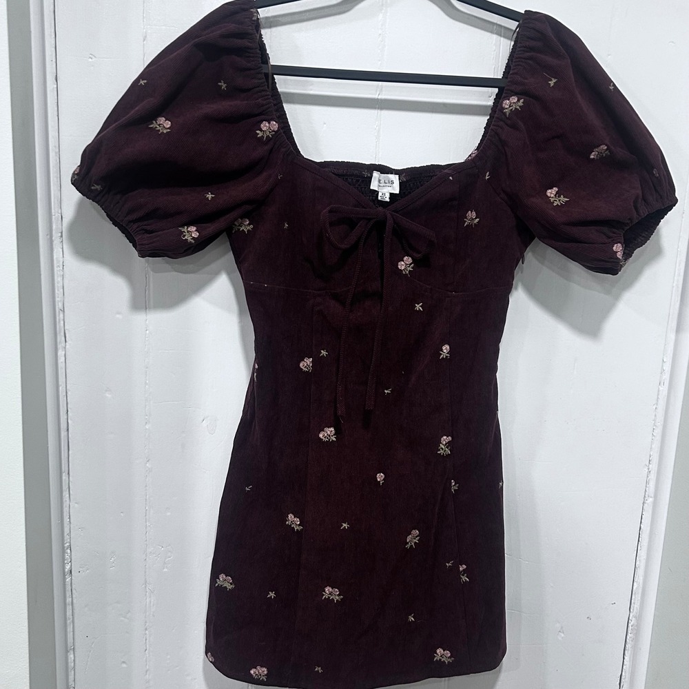 Le Lis Collection Brown Corduroy Floral Embroidered Puff Sleeve Mini Dress XS